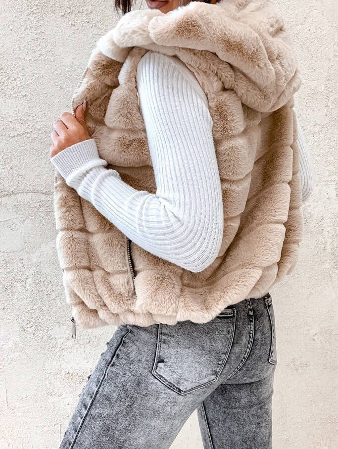Gilet in pelliccia sintetica Cerniera Cappuccio Morbido Caldo Beige Level Stores