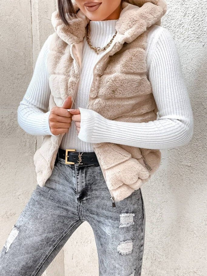 Gilet in pelliccia sintetica Cerniera Cappuccio Morbido Caldo Beige Level Stores