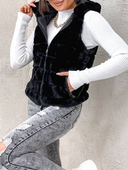 Gilet in pelliccia sintetica Cerniera Cappuccio Morbido Caldo Nero Level Stores