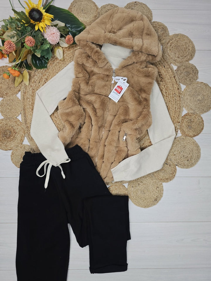 Gilet in pelliccia sintetica Cerniera Cappuccio Morbido Caldo Beige Level Stores