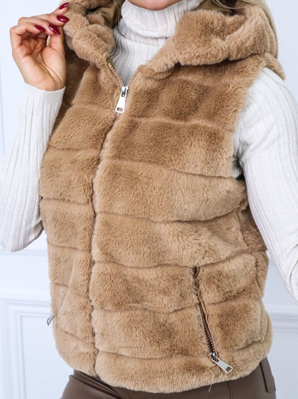 Gilet in pelliccia sintetica Cerniera Cappuccio Morbido Caldo Nero Level Stores