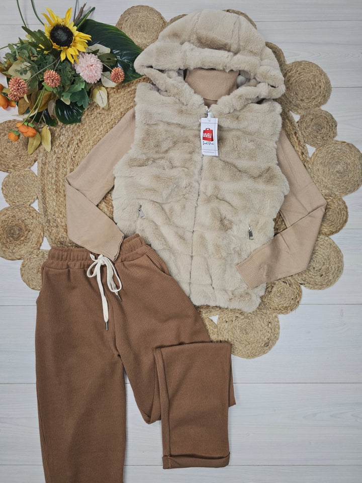 Gilet in pelliccia sintetica Cerniera Cappuccio Morbido Caldo Beige Level Stores