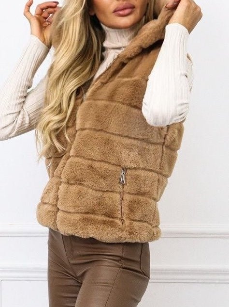 Gilet in pelliccia sintetica Cerniera Cappuccio Morbido Caldo Beige Level Stores