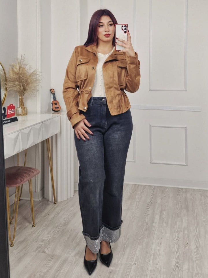 Giubbotto in dainetto a manica lunga con bottoni con tasche con lacci regolabili Camel Level Stores