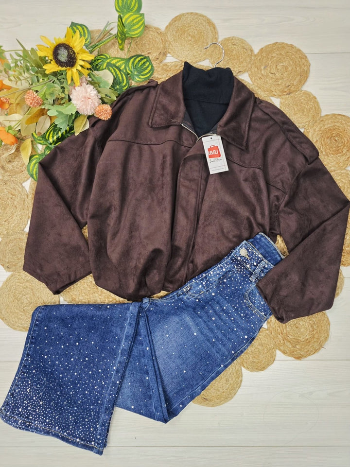 Giubbotto in dainetto dotato di zip morbido Marrone Level Stores