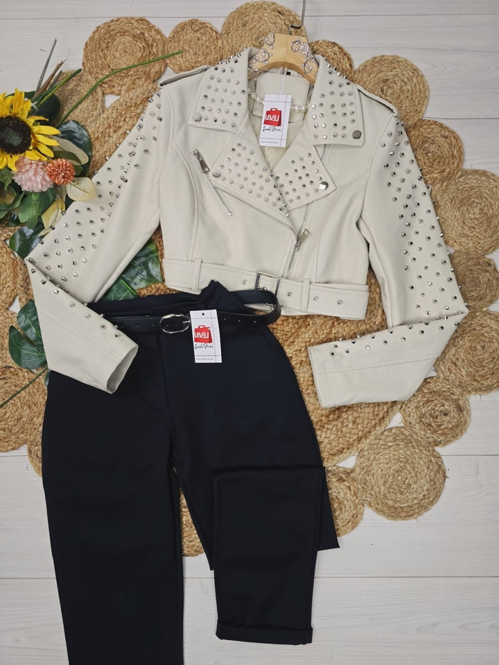 Giubbotto in ecopelle con cerniera con rivetto - Beige - Level Stores