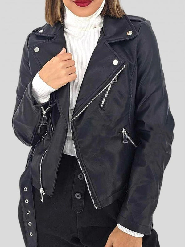 Giubbotto in ecopelle con zip con cintura con fodera Nero Level Stores