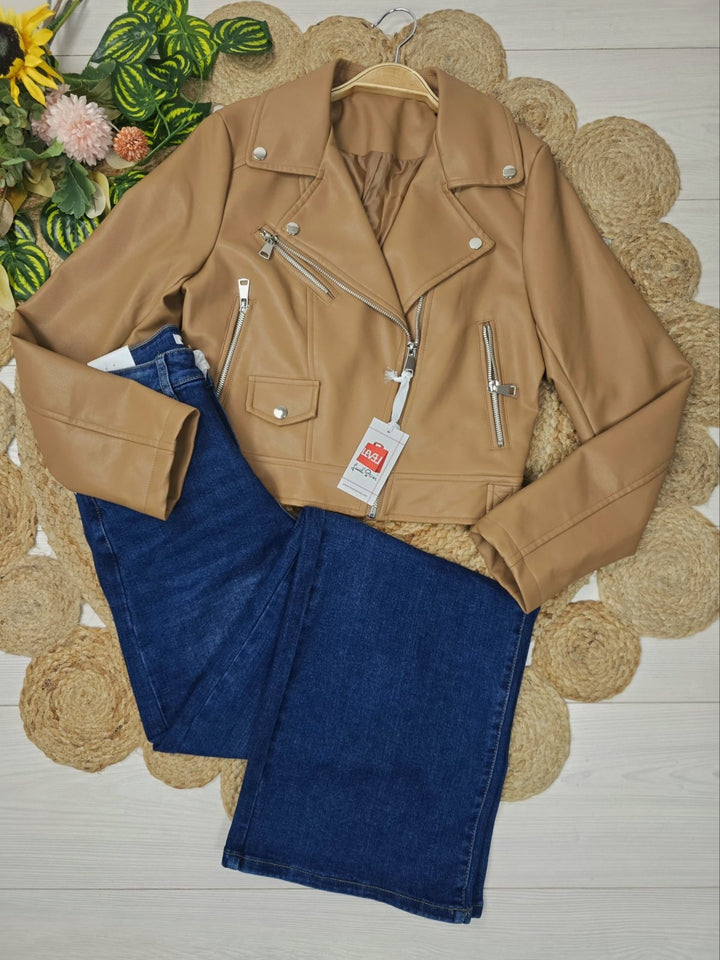 Giubbotto in ecopelle con zip con fodera Camel Level Stores