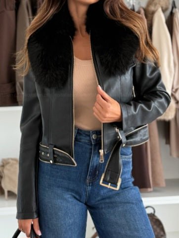giubbotto in ecopelle in pelliccia anche intero con zip ecintura tasche modello corto e caldo removibile Colletto NerO/Nero Level Stores