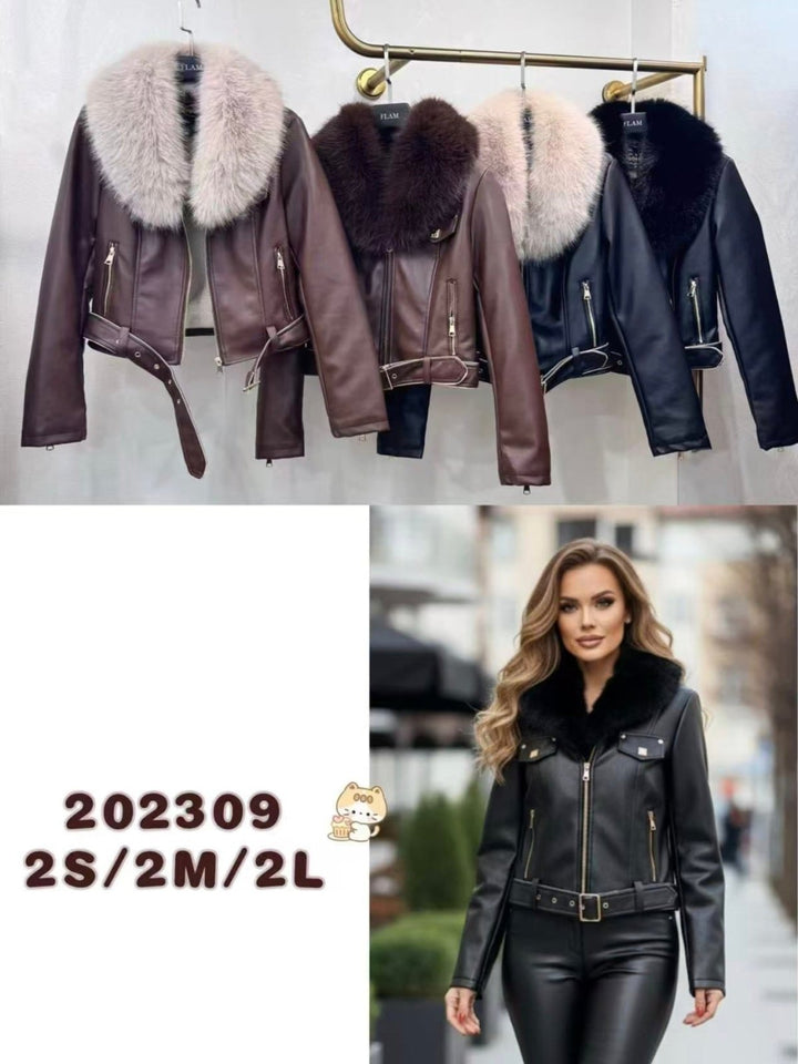 giubbotto in ecopelle in pelliccia anche intero con zip ecintura tasche modello corto e caldo removibile Colletto Nero/Beige Level Stores