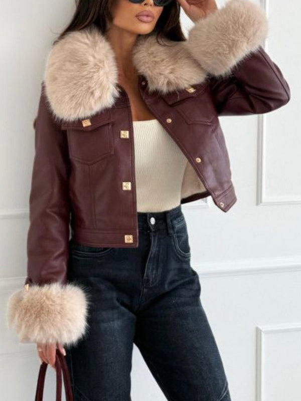 giubbotto in ecopelle in pelliccia anche intero tasche modello corto e caldo removibile Colletto e maniche Bordo Level Stores