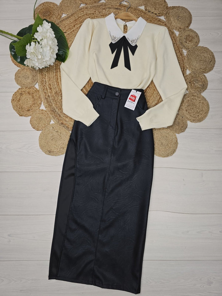 Gonna in ecopelle con spacco Nero Level Stores