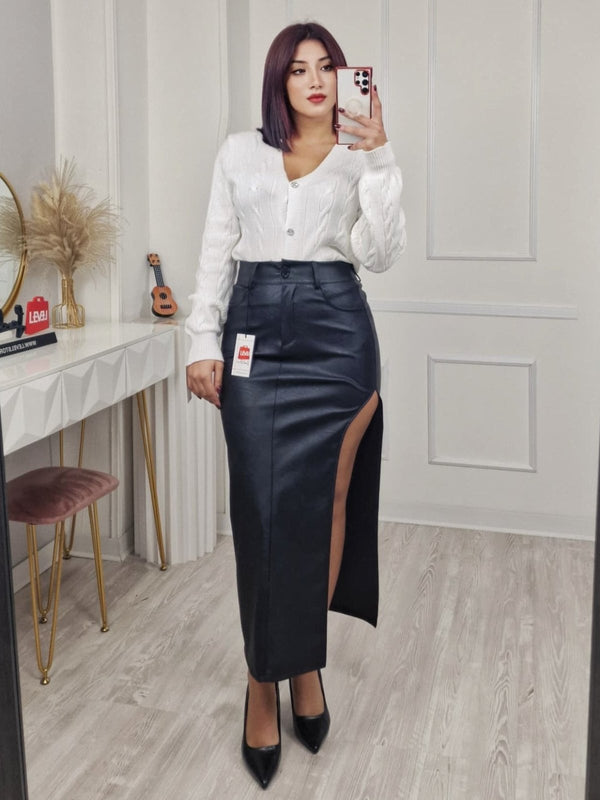 Gonna in ecopelle con spacco Nero Level Stores