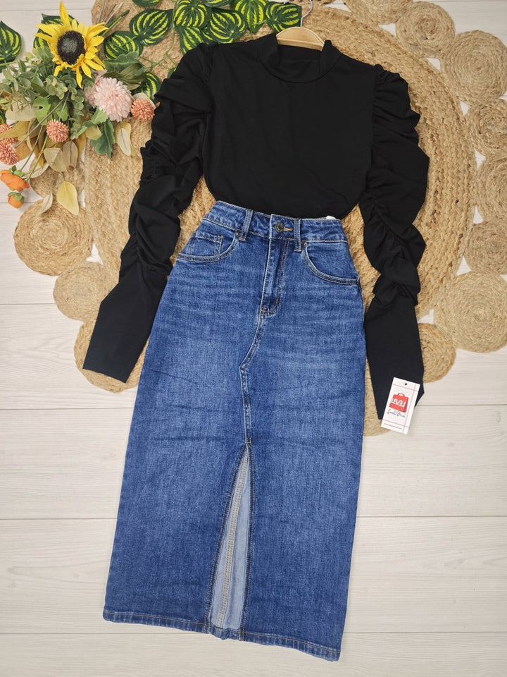 Gonna lungo in Jeans elasticizzato con spacco Jeans scuro Level Stores