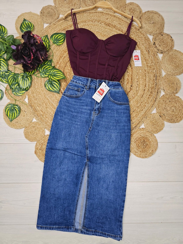 Gonna lungo in Jeans elasticizzato con spacco Jeans scuro Level Stores