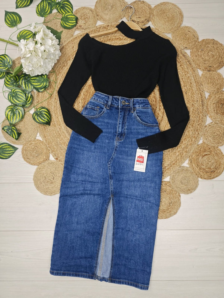 Gonna lungo in Jeans elasticizzato con spacco Jeans scuro Level Stores