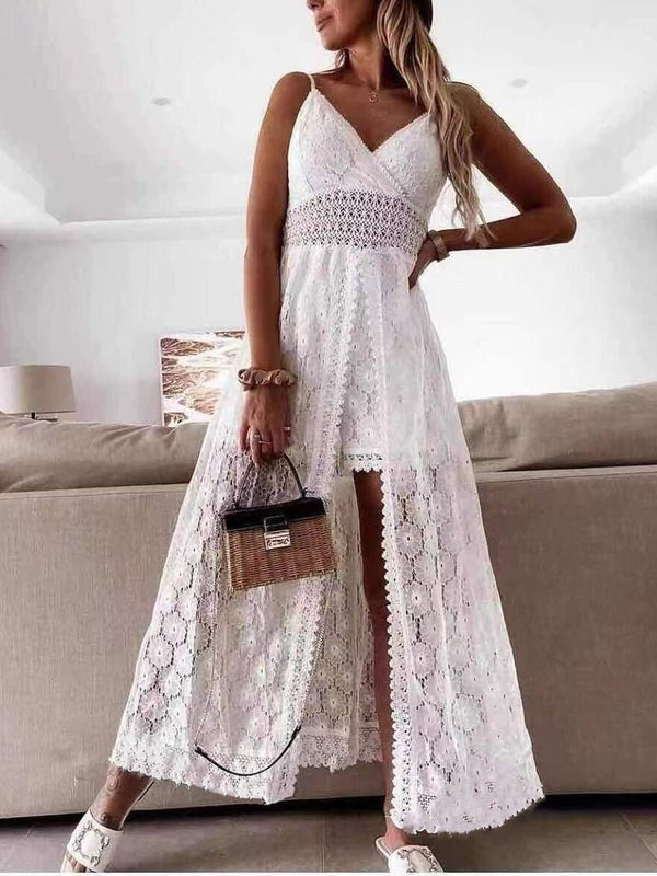 Abito in macramè con pantaloncino e gonna lunga
