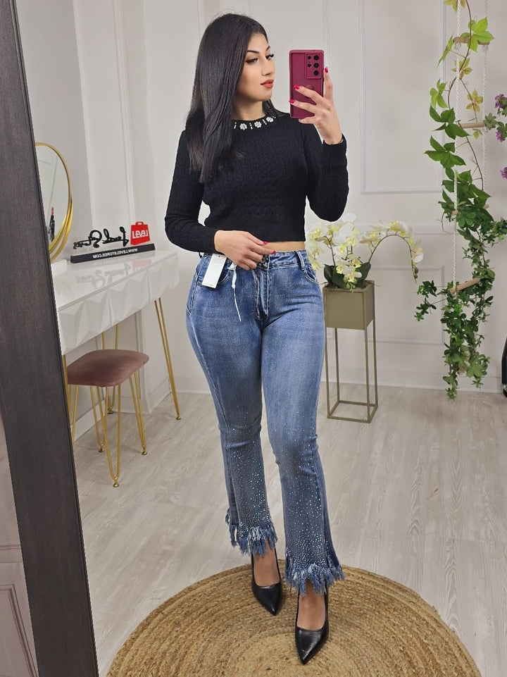 Jeans frange Strass modello vita alta a zampa elasticizzato - Jeans chiaro - Level Stores