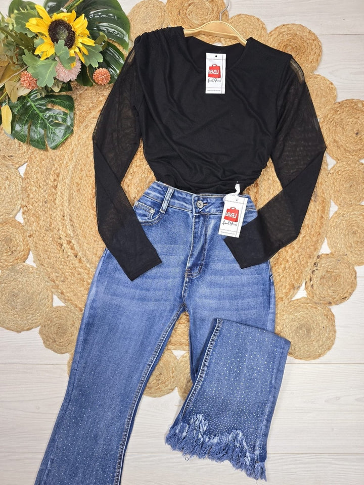 Jeans frange Strass modello vita alta a zampa elasticizzato - Jeans chiaro - Level Stores