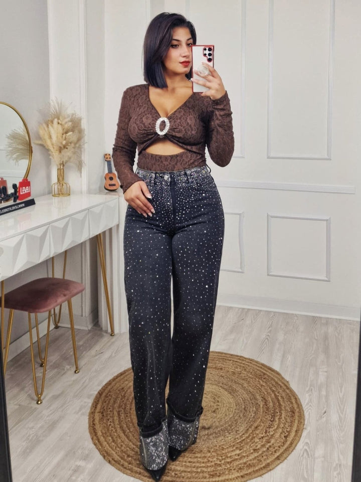 Jeans modello palazzo decorati con strass Jeans nero Level Stores