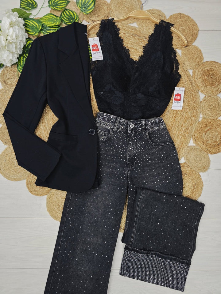 Jeans modello palazzo decorati con strass Jeans nero Level Stores