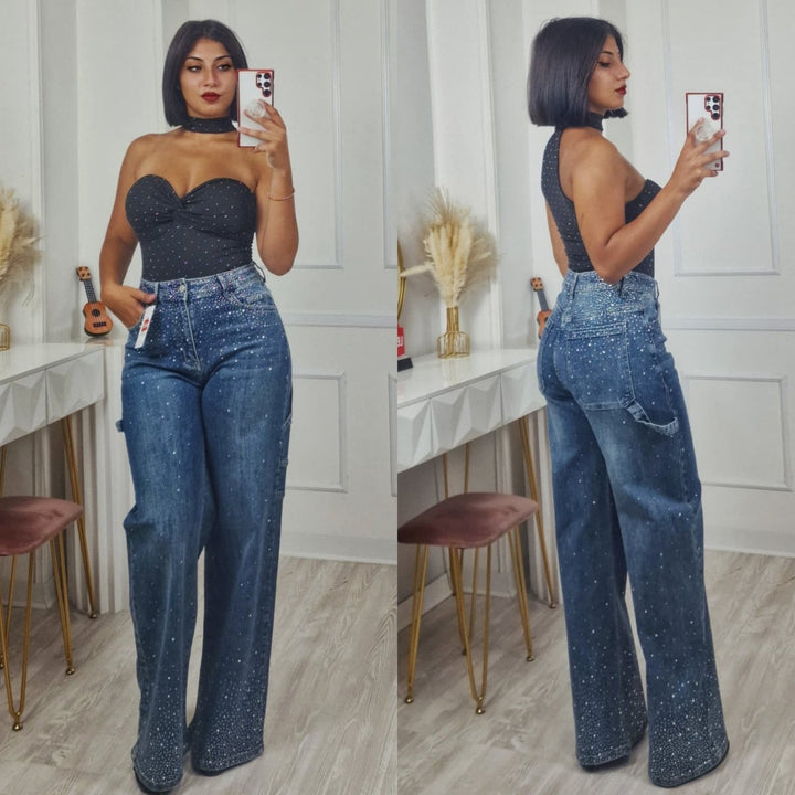 Jeans modello palazzo strass avanti e dietro Jeans chiaro Level Stores