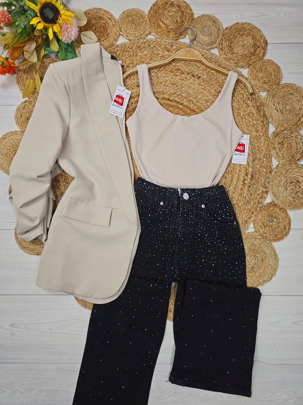 Jeans modello palazzo strass avanti e dietro - Jeans nero - Level Stores
