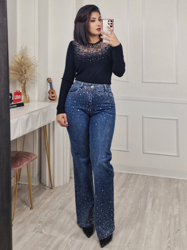 Jeans modello palazzo strass avanti e dietro Jeans scuro Level Stores