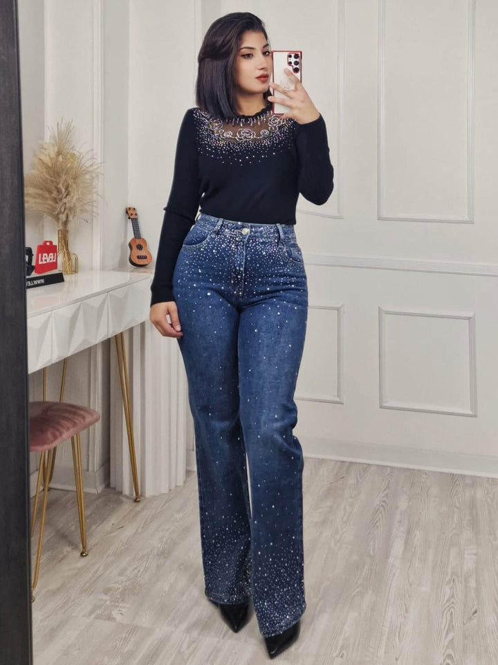 Jeans modello palazzo strass avanti e dietro Jeans scuro Level Stores