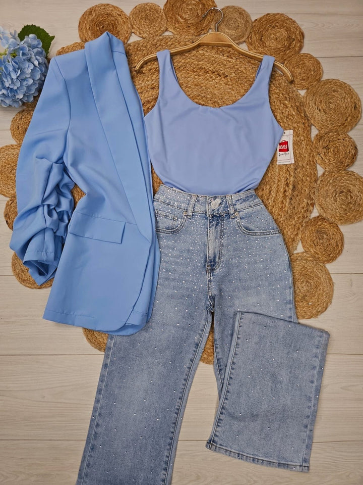 Jeans modello palazzo strass avanti e dietro - Jeans chiaro - Level Stores
