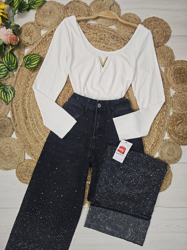 Jeans modello palazzo strass avanti e dietro Jeans nero Level Stores