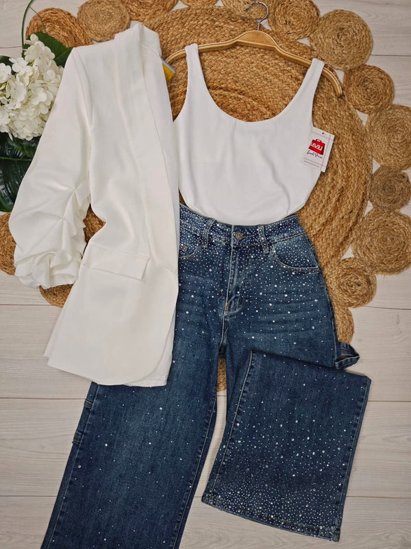 Jeans modello palazzo strass avanti e dietro - Jeans chiaro - Level Stores