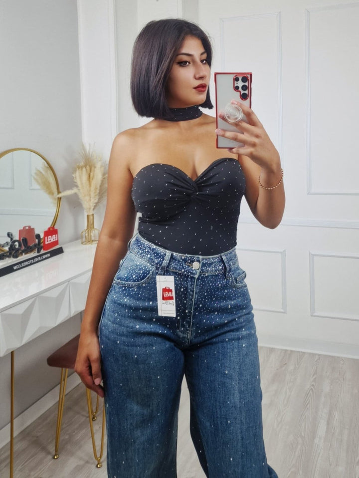 Jeans modello palazzo strass avanti e dietro Jeans chiaro Level Stores