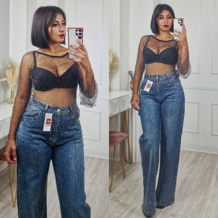 Jeans modello palazzo strass avanti e dietro Jeans chiaro Level Stores