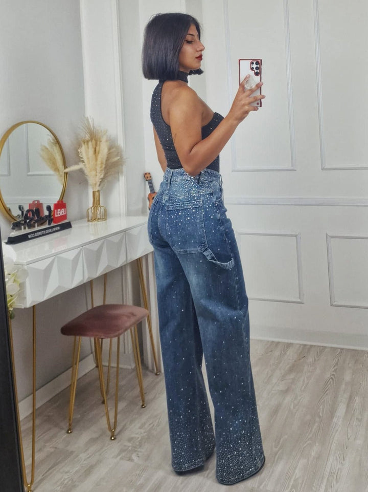 Jeans modello palazzo strass avanti e dietro Jeans chiaro Level Stores