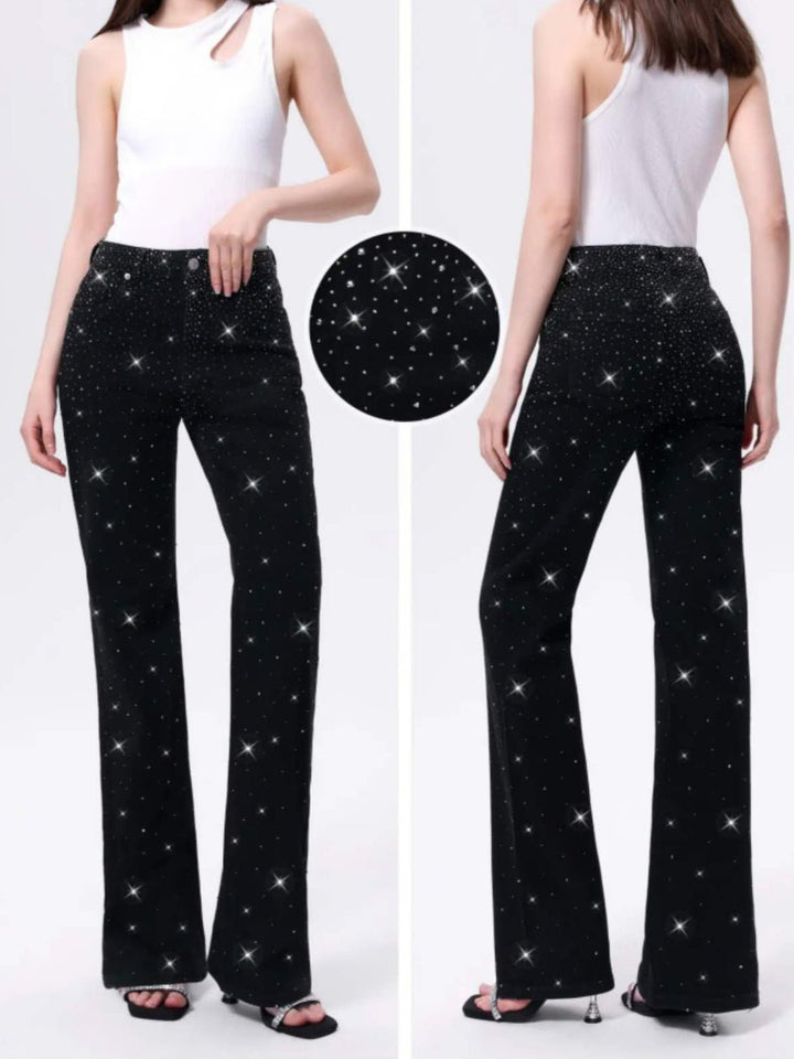 Jeans modello palazzo strass avanti e dietro - Jeans nero - Level Stores
