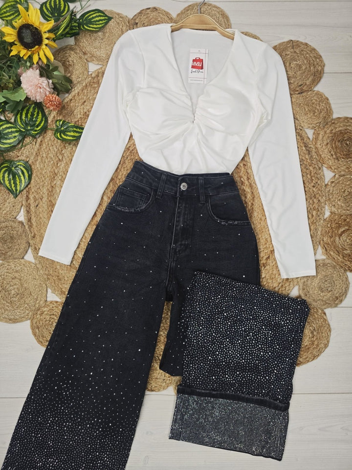 Jeans modello palazzo strass avanti e dietro Jeans nero Level Stores