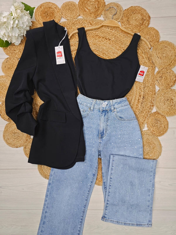 Jeans modello palazzo strass avanti e dietro - Jeans chiaro - Level Stores