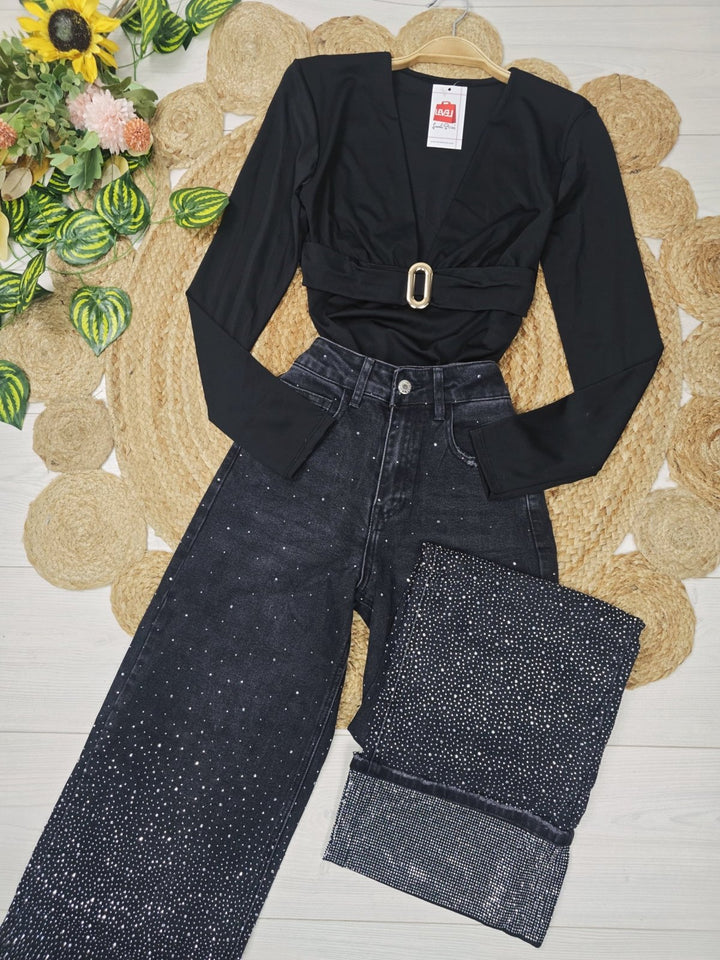 Jeans modello palazzo strass avanti e dietro Jeans nero Level Stores