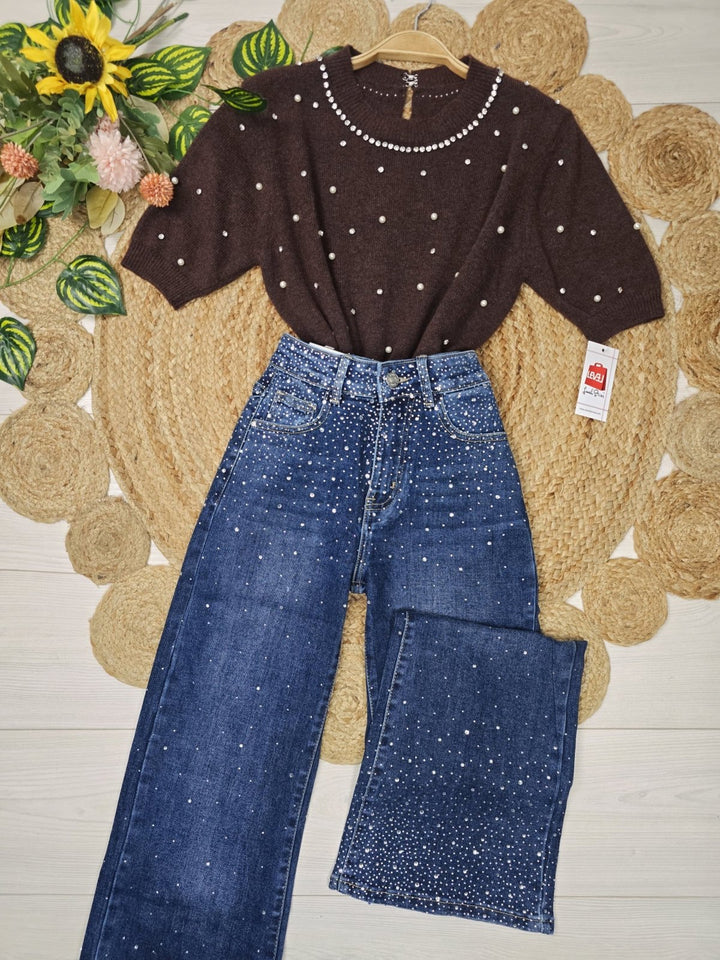 Jeans modello palazzo strass avanti e dietro Jeans scuro Level Stores