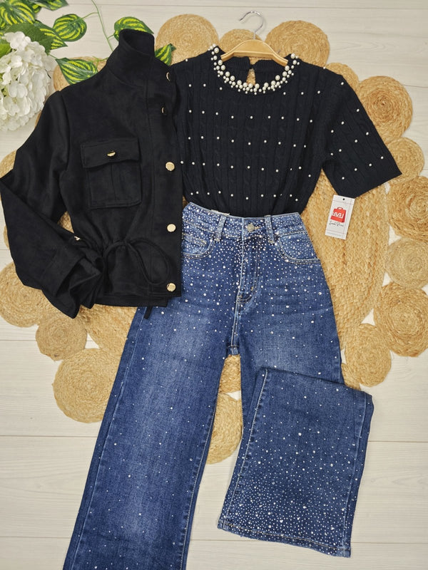 Jeans modello palazzo strass avanti e dietro Jeans scuro Level Stores
