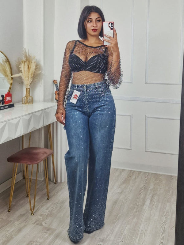 Jeans modello palazzo strass avanti e dietro Jeans chiaro Level Stores