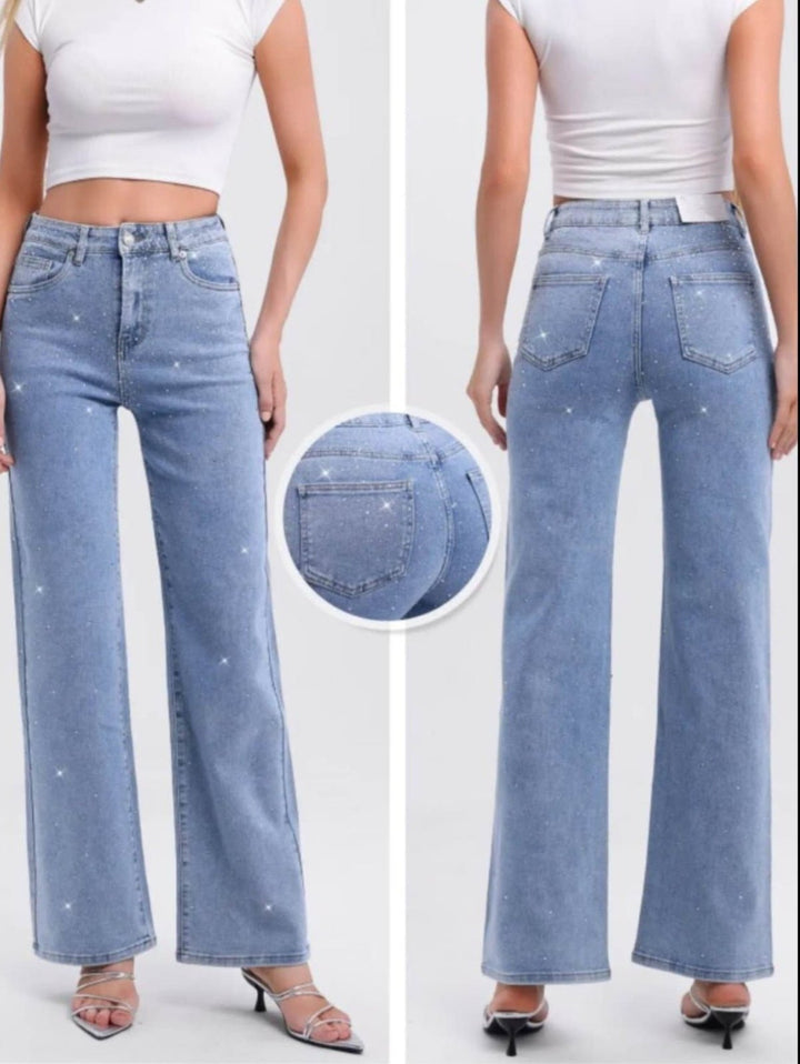 Jeans modello palazzo strass avanti e dietro - Jeans chiaro - Level Stores