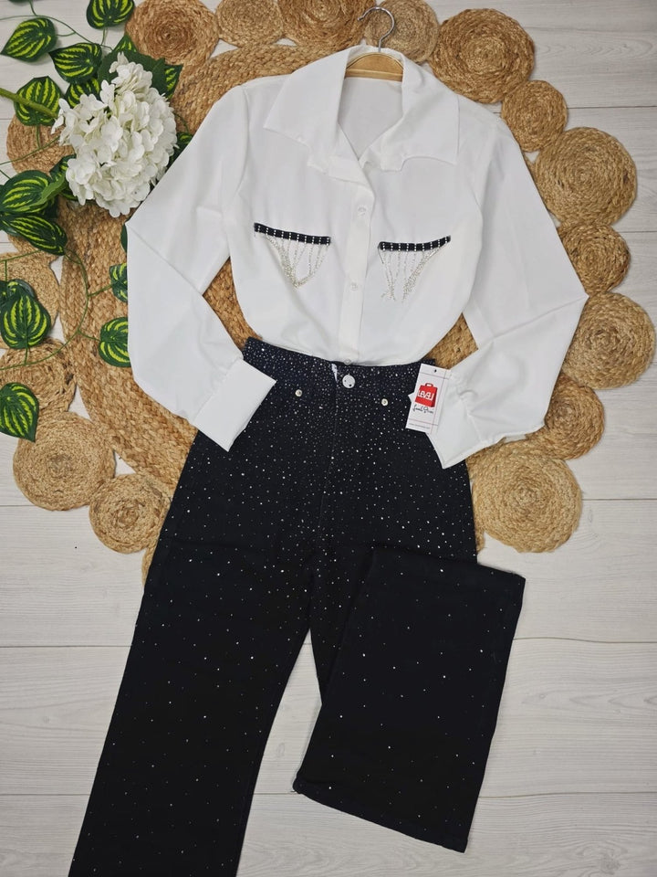 Jeans modello palazzo strass avanti e dietro - Jeans nero - Level Stores