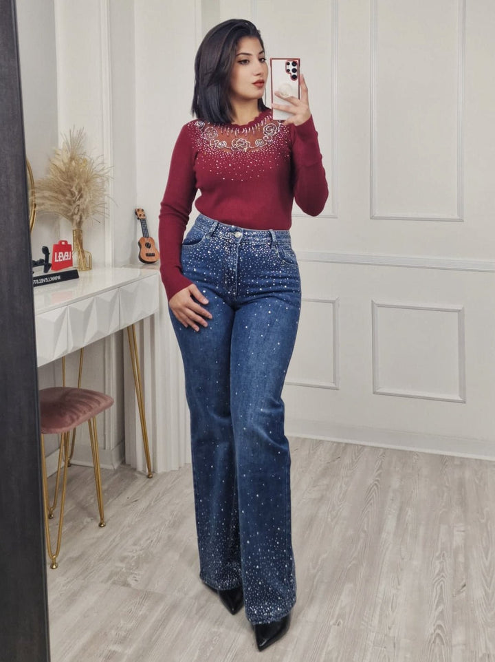 Jeans modello palazzo strass avanti e dietro Jeans scuro Level Stores