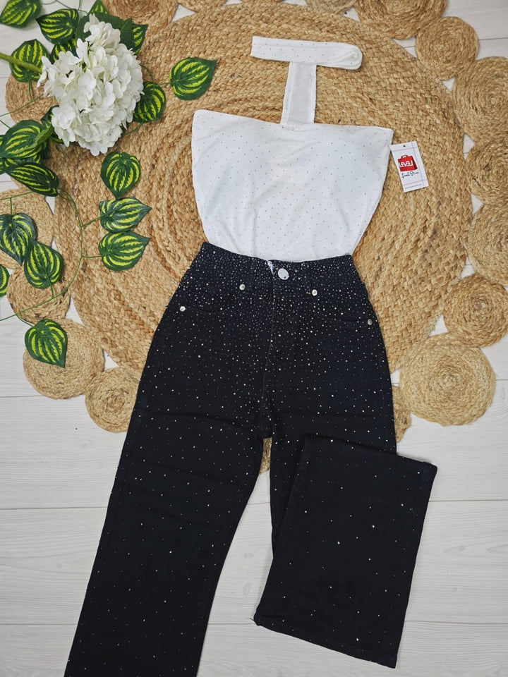 Jeans modello palazzo strass avanti e dietro - Jeans nero - Level Stores
