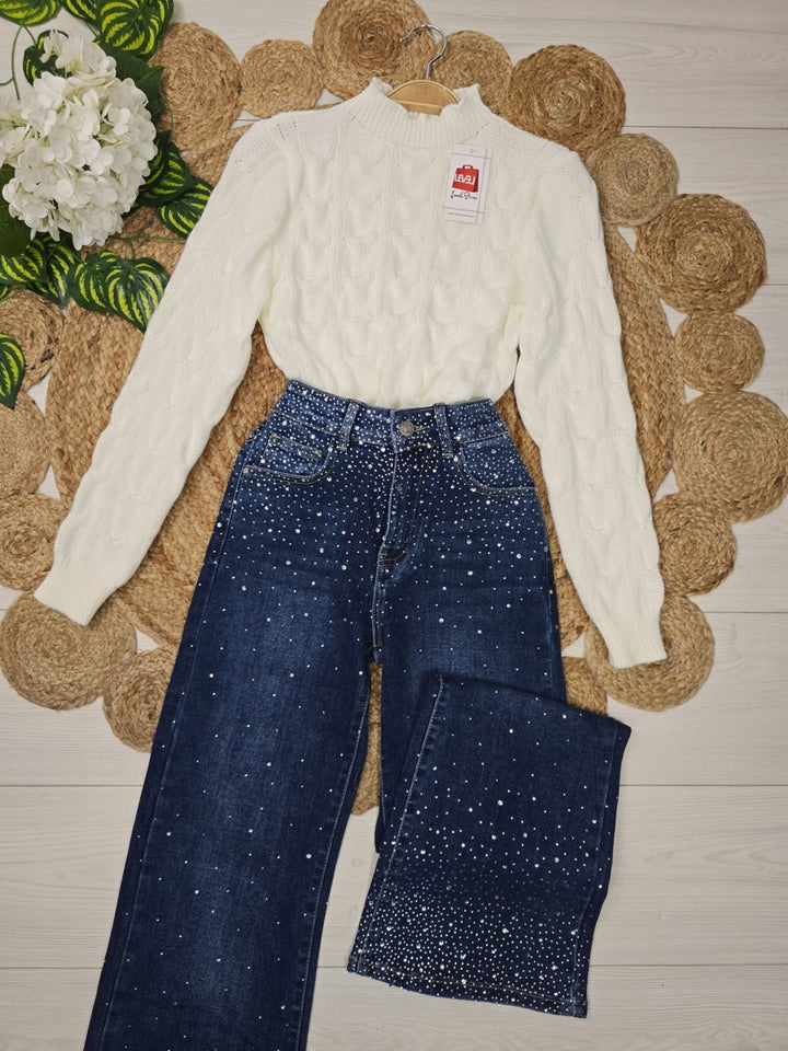 Jeans modello palazzo strass avanti e dietro Jeans scuro Level Stores