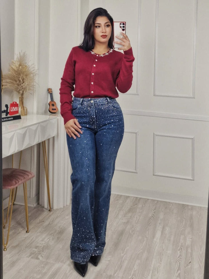 Jeans modello palazzo strass avanti e dietro Jeans scuro Level Stores