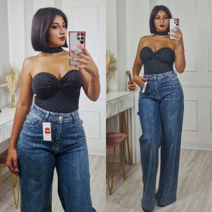 Jeans modello palazzo strass avanti e dietro Jeans chiaro Level Stores