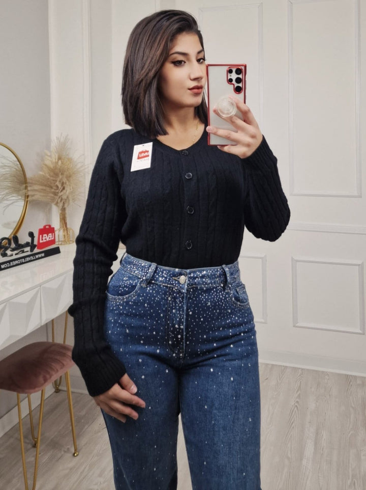 Jeans modello palazzo strass avanti e dietro Jeans scuro Level Stores